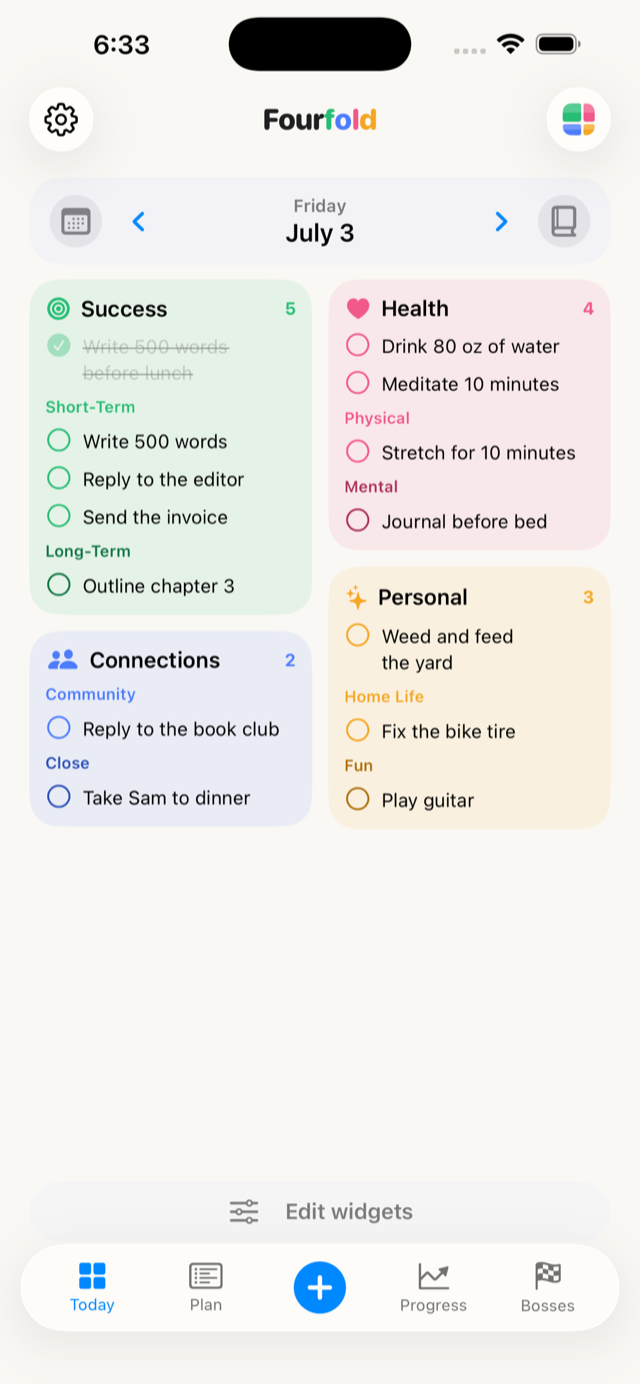 Fourfold's Today board: tasks arranged in four colored zones