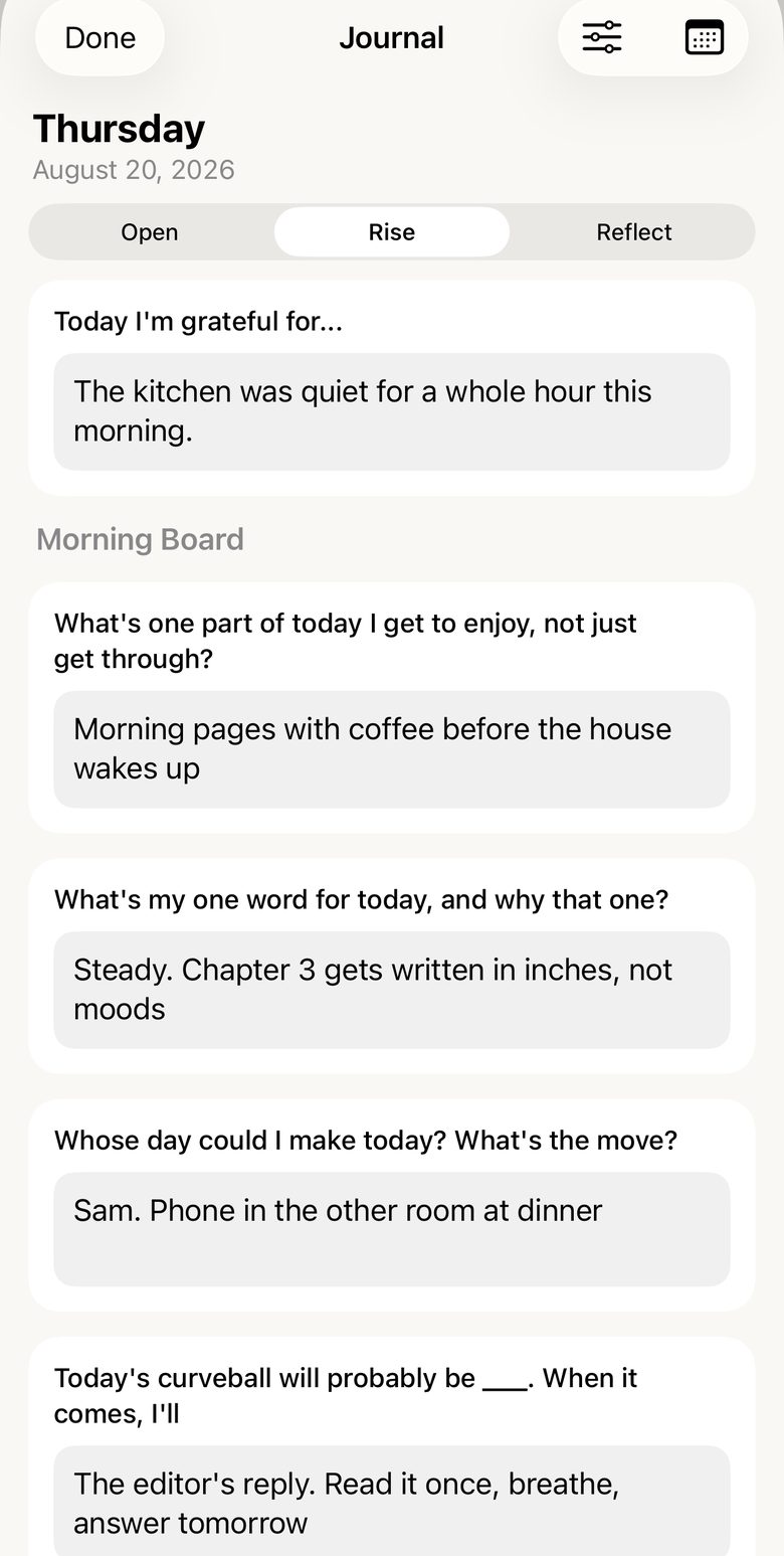 The journal's Rise board with morning prompts and a gratitude line