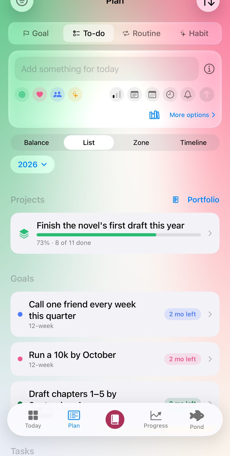 The Plan tab with goals, projects and a twelve-week timeframe