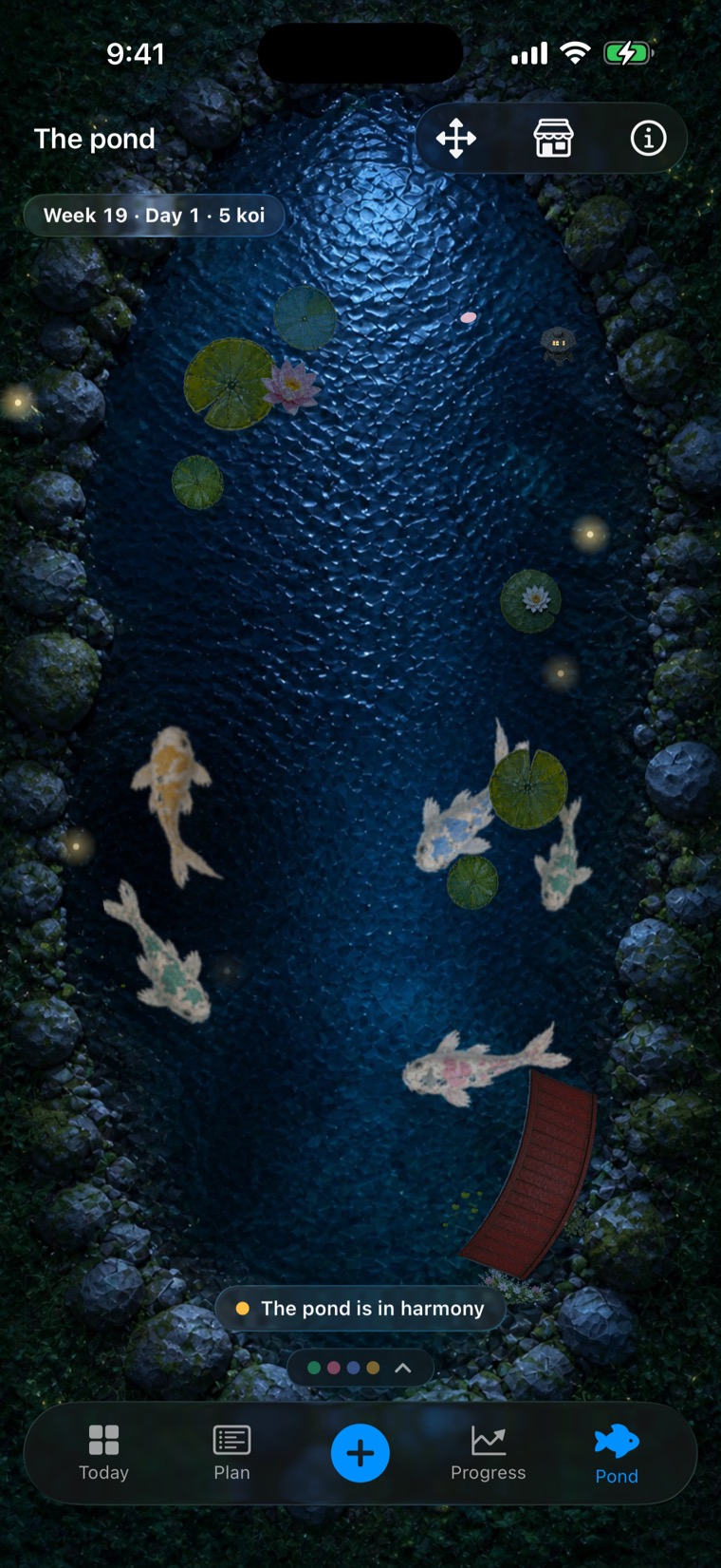 The same pond after dark: moonlit water, fireflies and a glowing lantern, because the pond follows your real clock